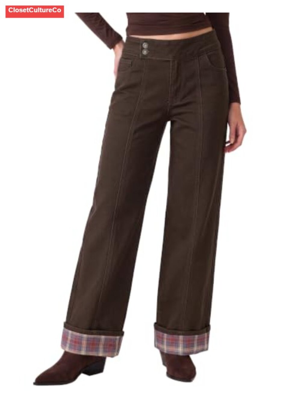 Wide Leg High Waisted Jeans Plaid Cuffed Hem Stretch Denim Pants